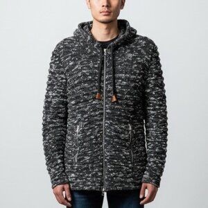 Leif Nelson Knit Hooded Zip Front Cardigan Sweater Black Cotton Mens S